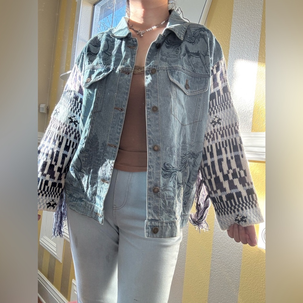 Denim Jacket with Knit Sleeves and Fringe - Picture 3 of 9